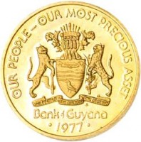 Guyana coin 1 Cent - 10th Anniversary of Independence: Manatee Faith (1976 - 1980) obverse obverse of 1 Cent - 10th Anniversary of Independence: Manatee Faith (1976 - 1980) coin with KM# 37 from Guyana. Inscription: OUR PEOPLE-OUR MOST PRECIOUS ASSET ONE PEOPLE ONE NATION ONE DESTINY FM Bank of Guyana · 1977 ·