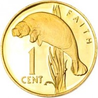 reverse of 1 Cent - 10th Anniversary of Independence: Manatee Faith (1976 - 1980) coin with KM# 37 from Guyana. Inscription: FAITH 1 CENT
