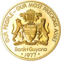 Guyana coin 5 Cents - 10th Anniversary of Independence: Jaguar Purpose (1976 - 1980) obverse obverse of 5 Cents - 10th Anniversary of Independence: Jaguar Purpose (1976 - 1980) coin with KM# 38 from Guyana. Inscription: OUR PEOPLE - OUR MOST PRECIOUS ASSET ONE PEOPLE ONE NATION ONE DESTINY f Bank of Guyana • 1977 •