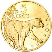 Guyana coin 5 Cents - 10th Anniversary of Independence: Jaguar Purpose (1976 - 1980) reverse reverse of 5 Cents - 10th Anniversary of Independence: Jaguar Purpose (1976 - 1980) coin with KM# 38 from Guyana. Inscription: 5 CENTS PURPOSE