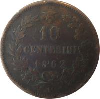reverse of 10 Centesimi - Vittorio Emanuele II (1862 - 1867) coin with KM# 11 from Italy. Inscription: 10 CENTESIMI 1867 T