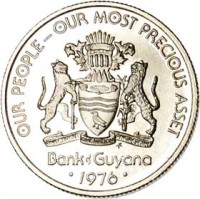 obverse of 10 Cents - 10th Anniversary of Independence: Squirrel Monkey Cooperative Economics (1976 - 1980) coin with KM# 39 from Guyana. Inscription: OUR PEOPLE - OUR MOST PRECIOUS ASSET ONE PEOPLE ONE NATION ONE DESTINY FM Bank of Guyana · 1976 ·