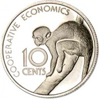 Guyana coin 10 Cents - 10th Anniversary of Independence: Squirrel Monkey Cooperative Economics (1976 - 1980) reverse reverse of 10 Cents - 10th Anniversary of Independence: Squirrel Monkey Cooperative Economics (1976 - 1980) coin with KM# 39 from Guyana. Inscription: COOPERATIVE ECONOMICS 10 CENTS