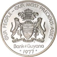 Guyana coin 50 Cents - 10th Anniversary of Independence: Hoatzin Creativity (1976 - 1980) obverse obverse of 50 Cents - 10th Anniversary of Independence: Hoatzin Creativity (1976 - 1980) coin with KM# 41 from Guyana. Inscription: OUR PEOPLE-OUR MOST PRECIOUS ASSET ONE PEOPLE ONE NATION ONE DESTINY FM Bank of Guyana · 1977 ·