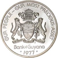 obverse of 50 Cents - 10th Anniversary of Independence: Hoatzin Creativity (1976 - 1980) coin with KM# 41 from Guyana. Inscription: OUR PEOPLE-OUR MOST PRECIOUS ASSET ONE PEOPLE ONE NATION ONE DESTINY FM Bank of Guyana · 1977 ·