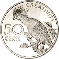 reverse of 50 Cents - 10th Anniversary of Independence: Hoatzin Creativity (1976 - 1980) coin with KM# 41 from Guyana. Inscription: CREATIVITY 50 CENTS