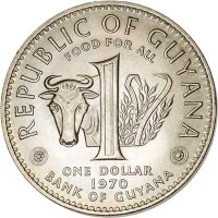 Guyana coin 1 Dollar - FAO (1970) obverse obverse of 1 Dollar - FAO (1970) coin with KM# 36 from Guyana. Inscription: REPUBLIC OF GUYANA FOOD FOR ALL 1 ONE DOLLAR 1970 BANK OF GUYANA