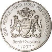 obverse of 1 Dollar - 10th Anniversary of Independence: Caiman Endurance (1976 - 1980) coin with KM# 42 from Guyana. Inscription: OUR PEOPLE-OUR MOST PRECIOUS ASSET ONE PEOPLE ONE NATION ONE DESTINY FM Bank of Guyana · 1977 ·