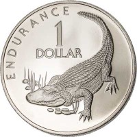 reverse of 1 Dollar - 10th Anniversary of Independence: Caiman Endurance (1976 - 1980) coin with KM# 42 from Guyana. Inscription: ENDURANCE 1 DOLLAR