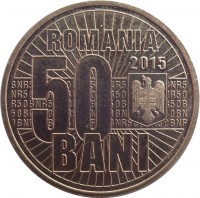 obverse of 50 Bani - 10th Anniversary of redenomination of the Leu (2015) coin from Romania. Inscription: ROMANIA 2015 50 BANI