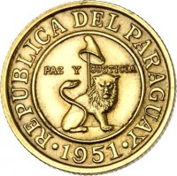 obverse of 50 Céntimos (1944 - 1951) coin with KM# 24 from Paraguay. Inscription: REPUBLICA DEL PARAGUAY PAZ Y JUSTICIA · 1951 ·