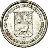 obverse of 50 Céntimos (1954) coin with Y# 36 from Venezuela. Inscription: · REPUBLICA DE VENEZUELA · 50 CENTIMOS · 1954 · LEI 835