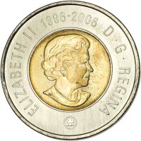 Canada coin 2 Dollars - Elizabeth II - 10th Anniversary of 2 Dollar Denomination Coin (2006) obverse obverse of 2 Dollars - Elizabeth II - 10th Anniversary of 2 Dollar Denomination Coin (2006) coin with KM# 631 from Canada. Inscription: ELIZABETH II 1996-2006 D · G · REGINA