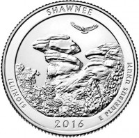 United States coin 1/4 Dollar - Shawnee National Forest (2016) reverse reverse of 1/4 Dollar - Shawnee National Forest (2016) coin with KM# 635 from United States. Inscription: SHAWNEE ILLINOIS 2016 E PLURIBUS UNUM