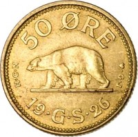 reverse of 50 Ore - Christian X (1926) coin with KM# 7 from Greenland. Inscription: 50 ØRE H · C · G ♥ · G · J 19 · G · S · 26