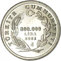 Turkey coin 500000 Lira - Fauna: Sheep (2002) obverse obverse of 500000 Lira - Fauna: Sheep (2002) coin with KM# 1161 from Turkey. Inscription: TÜRKİYE CUMHURİYETİ 500.000 LİRA 2002