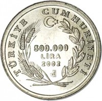 obverse of 500000 Lira - Fauna: Sheep (2002) coin with KM# 1161 from Turkey. Inscription: TÜRKİYE CUMHURİYETİ 500.000 LİRA 2002