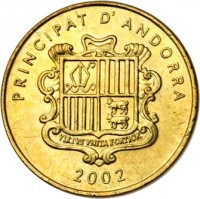 obverse of 5 Cèntims - Joan Martí i Alanis - Squirrel (2002) coin with KM# 180 from Andorra. Inscription: PRINCIPAT D'ANDORRA VIRTUS UNITA FORTIOR 2002