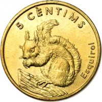 reverse of 5 Cèntims - Joan Martí i Alanis - Squirrel (2002) coin with KM# 180 from Andorra. Inscription: 5 CÈNTIMS Esquirol