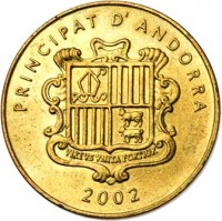 Andorra coin 5 Cèntims - Joan Martí i Alanis - Western Capercaillie (2002) obverse obverse of 5 Cèntims - Joan Martí i Alanis - Western Capercaillie (2002) coin with KM# 181 from Andorra. Inscription: PRINCIPAT D'ANDORRA VIRTUS VNITA FORTIOR 2002