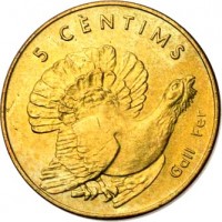 reverse of 5 Cèntims - Joan Martí i Alanis - Western Capercaillie (2002) coin with KM# 181 from Andorra. Inscription: 5 CÈNTIMS Gall Fer