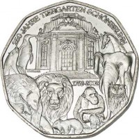 obverse of 5 Euro - 250th Anniversary of the Schönbrunn Zoo (2002) coin with KM# 3091 from Austria. Inscription: 250 JAHRE TIERGARTEN SCHÖNBRUNN 1752-2002