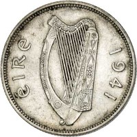 obverse of 1 Florin (1939 - 1943) coin with KM# 15 from Ireland. Inscription: eiRe 1941