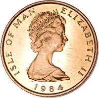 obverse of 2 Pence - Elizabeth II - Quincentenary of the College of Arms - 2'nd Portrait (1984) coin with KM# 113 from Isle of Man. Inscription: ISLE OF MAN ELIZABETH II 1984