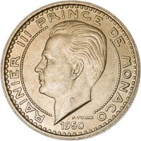 obverse of 100 Francs - Rainier III (1950) coin with KM# 133 from Monaco. Inscription: RAINIER III PRINCE DE MONACO P. TURIN 1950