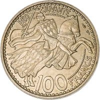 reverse of 100 Francs - Rainier III (1950) coin with KM# 133 from Monaco. Inscription: DEO JUVANTE 100 FRANCS