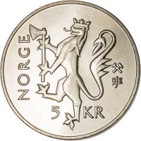 obverse of 5 Kroner - Harald V - 350th Anniversary of Norwegian Postal Service (1997) coin with KM# 461 from Norway. Inscription: NORGE 5 KR