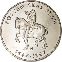 reverse of 5 Kroner - Harald V - 350th Anniversary of Norwegian Postal Service (1997) coin with KM# 461 from Norway. Inscription: POSTEN SKAL FRAM 1647 · 1997
