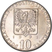 obverse of 10 Złotych - FAO (1971) coin with Y# 63 from Poland. Inscription: POLSKA RZECZPOSPOLITA LUDOWA 1971 10 ZŁOTYCH
