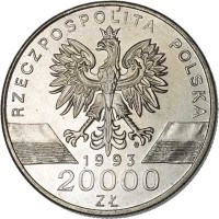obverse of 20000 Złotych - Animals of the World: Swallow (1993) coin with Y# 243 from Poland. Inscription: RZECZPOSPOLITA POLSKA 1993 20000 ZŁ