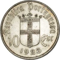 obverse of 10 Escudos - Battle of Ourique (1928) coin with KM# 579 from Portugal. Inscription: REPUBLICA PORTUGUESA 10 Esc. 1928
