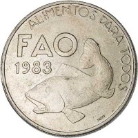 reverse of 25 Escudos - FAO (1983) coin with KM# 619 from Portugal. Inscription: ALIMENTOS PARA TODOS FAO 1983