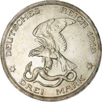 obverse of 3 Mark - Wilhelm II - 100 Years to Defeat of Napoleon (1913) coin with KM# 534 from German States. Inscription: DEUTSCHES REICH 1913 * DREI MARK *