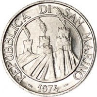 San Marino coin 1 Lira (1974) obverse obverse of 1 Lira (1974) coin with KM# 30 from San Marino. Inscription: REPUBBLICA DI SAN MARINO - 1974 -