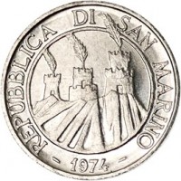 obverse of 1 Lira (1974) coin with KM# 30 from San Marino. Inscription: REPUBBLICA DI SAN MARINO - 1974 -