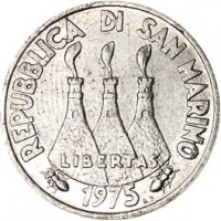 obverse of 1 Lira - Animals: Spiders in Web (1975) coin with KM# 40 from San Marino. Inscription: REPUBBLICA DI SAN MARINO LIBERTAS 1975