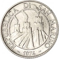 obverse of 2 Lire - Animals: Beetle (1974) coin with KM# 31 from San Marino. Inscription: REPUBBLICA DI SAN MARINO - 1974 -