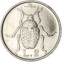 reverse of 2 Lire - Animals: Beetle (1974) coin with KM# 31 from San Marino. Inscription: L.2