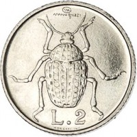 San Marino coin 2 Lire - Animals: Beetle (1974) reverse reverse of 2 Lire - Animals: Beetle (1974) coin with KM# 31 from San Marino. Inscription: L.2