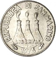obverse of 2 Lire - Animals: Seahorse (1975) coin with KM# 41 from San Marino. Inscription: REPUBBLICA DI SAN MARINO LIBERTAS 1975