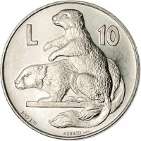San Marino coin 10 Lire - Animals: Marmot (1975) reverse reverse of 10 Lire - Animals: Marmot (1975) coin with KM# 43 from San Marino. Inscription: L 10