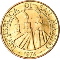 San Marino coin 20 Lire (1974) obverse obverse of 20 Lire (1974) coin with KM# 34 from San Marino. Inscription: REPUBLICA DI SAN MARINO - 1974 -