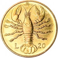 reverse of 20 Lire (1974) coin with KM# 34 from San Marino. Inscription: L 20
