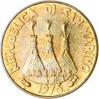 San Marino coin 20 Lire - FAO (1975) obverse obverse of 20 Lire - FAO (1975) coin with KM# 44 from San Marino. Inscription: REPUBBLICA DI SAN MARINO LIBERTAS 1975