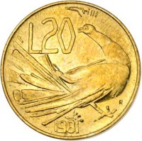 San Marino coin 20 Lire (1981) reverse reverse of 20 Lire (1981) coin with KM# 120 from San Marino. Inscription: L20 1981