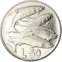 San Marino coin 50 Lire - Animals: Salmons (1975) reverse reverse of 50 Lire - Animals: Salmons (1975) coin with KM# 45 from San Marino. Inscription: L 50